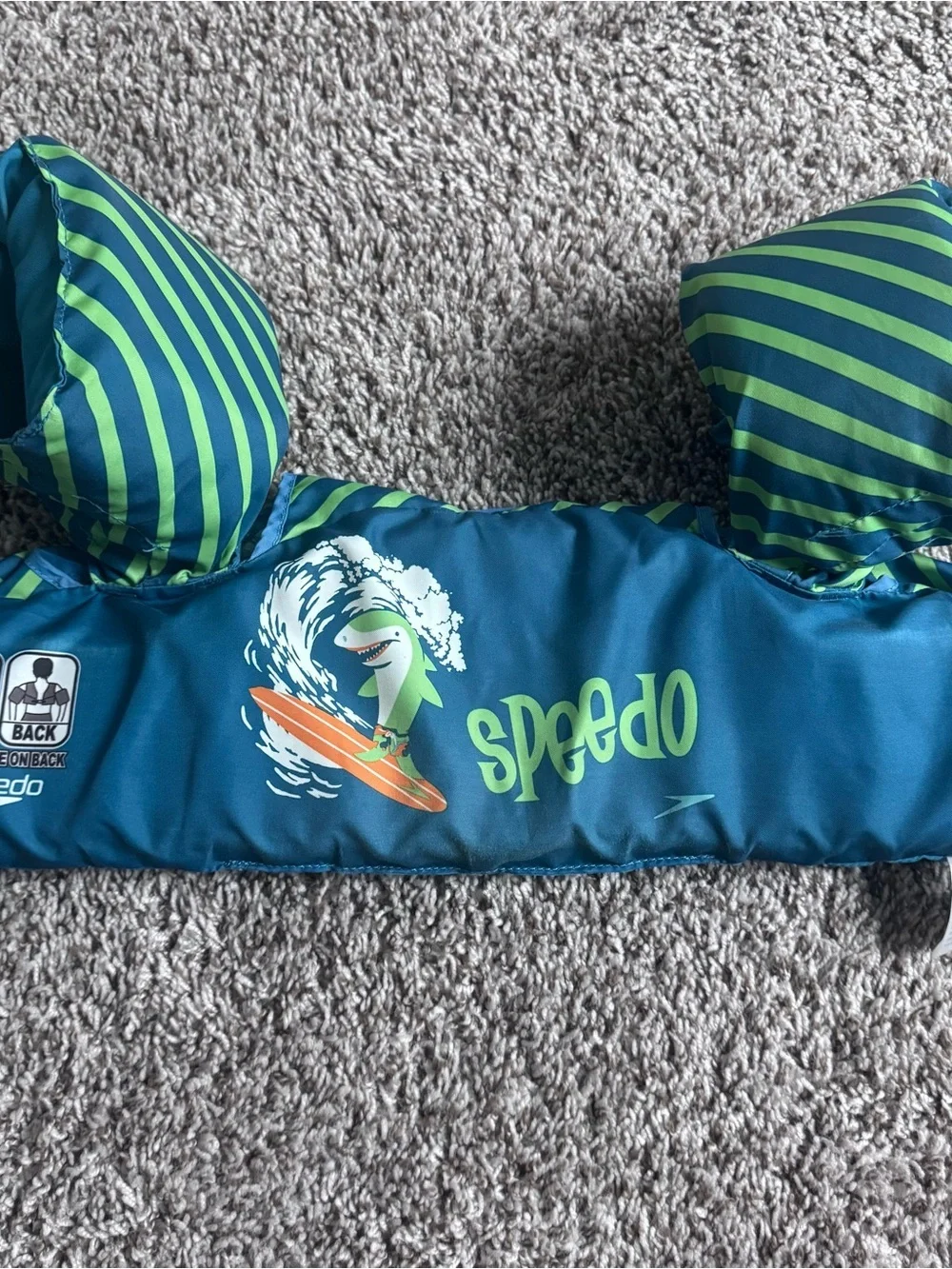 Speedo Teal Swim Vest with Lime Green Stripes and Surf Shark Graphic